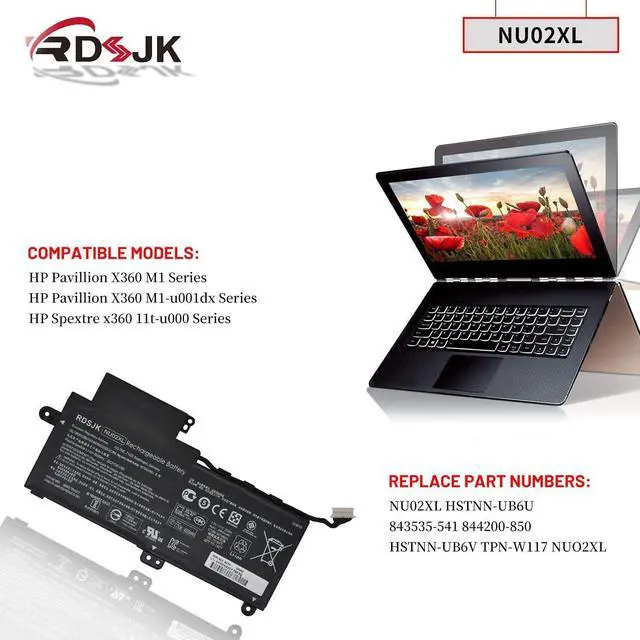 Alt view image 10 of 14 - NU02XL Laptop Battery for HP Pavillion X360 M1 M1-U M1-U001DX 11-U007TU 11-U012TU 11-U018CA 11-U020CA 11-U037TU 11-U067TU U0000 NU02035XL HSTNN-UB6U HSTNN-UB6V 843535-541 844200-850 TPN-W117 7.7V 35Wh