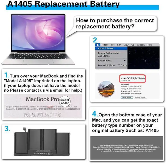 Alt view image 11 of 12 - A1466 Laptop Replacement Battery for MacBook Air 13 inch A1466 (Mid 2012,Mid 2013,Early 2014, Early 2015,2017) A1369(Late 2010,Mid 2011 Version) High Performance 7200mAh fits A1496 A1405 A1377