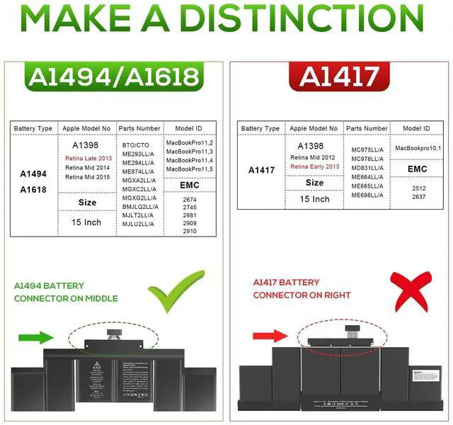 Alt view image 7 of 10 - 99.5Wh A1618 A1494 Laptop Battery for A1618 A1494 P/N:020-00079 02000079 for MacBook Pro 15" Inch Retina A1398 (Mid 2015 Mid 2014 Late 2013 Early 2015), NOT fit for: A1398 (Mid 2012 Early 2013)