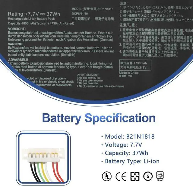 Alt view image 7 of 10 - B21N1818 C21N1818 Laptop Battery Replacement for Asus Vivobook 17 X712 X712FA A712 A712E A712EA D712DA D712UA F712 K712 M710 M712 P1701 S710 S712DA S712EA S712FA R710 R712 R754 Series 37Wh 4370mAh