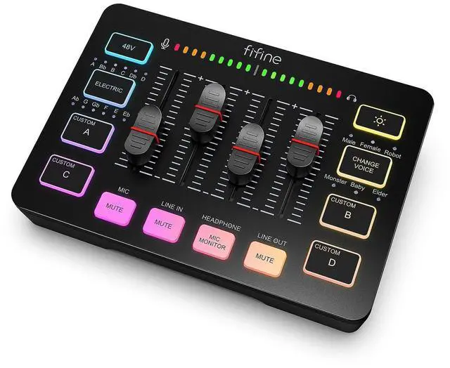 Main image of Gaming Audio Mixer, Streaming RGB PC Mixer with XLR Microphone Interface, Individual Control, Volume Fader, Mute Button, 48V Phantom Power, for Podcast/Recording/Vocal/Game Voice-AmpliGame SC
