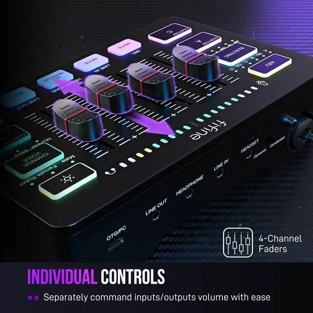 Alt view image 3 of 7 - Gaming Audio Mixer, Streaming RGB PC Mixer with XLR Microphone Interface, Individual Control, Volume Fader, Mute Button, 48V Phantom Power, for Podcast/Recording/Vocal/Game Voice-AmpliGame SC