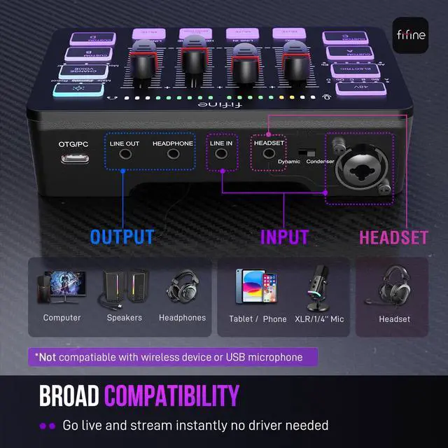 Alt view image 4 of 7 - Gaming Audio Mixer, Streaming RGB PC Mixer with XLR Microphone Interface, Individual Control, Volume Fader, Mute Button, 48V Phantom Power, for Podcast/Recording/Vocal/Game Voice-AmpliGame SC