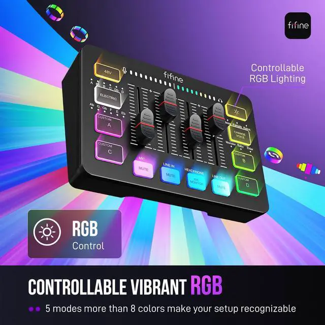 Alt view image 6 of 7 - Gaming Audio Mixer, Streaming RGB PC Mixer with XLR Microphone Interface, Individual Control, Volume Fader, Mute Button, 48V Phantom Power, for Podcast/Recording/Vocal/Game Voice-AmpliGame SC