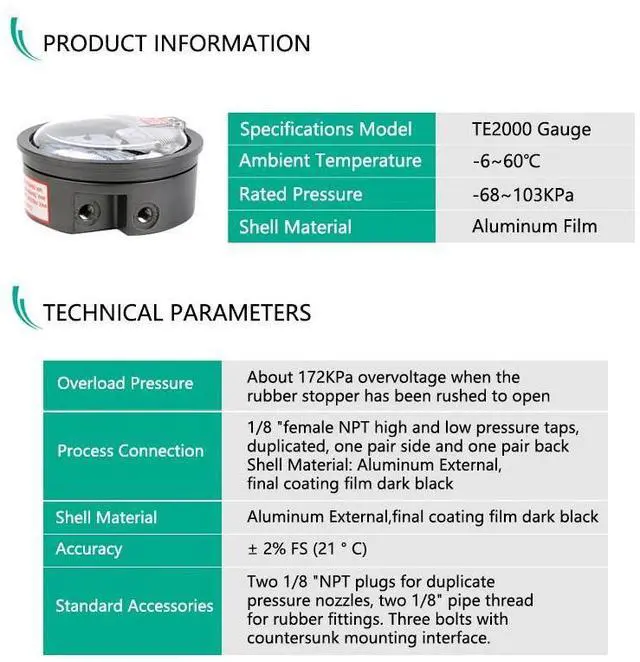 Alt view image 12 of 14 - ELECALL New -100~100PA TE2000 Micro Differential Pressure Gauge High Precision 1/8 "NPT Air Pressure Meter Barometer