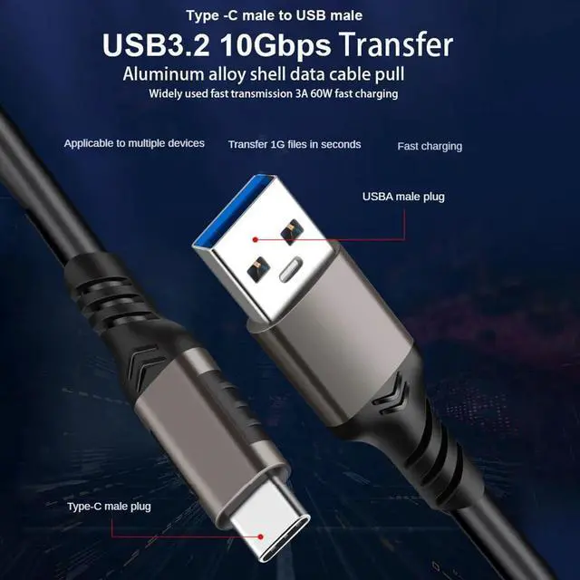 Alt view image 8 of 12 - USB3.2 Gen2 10Gbps Cable USB 3.0/3.1/3.2 Cable USB A to USB Type C Data Transfer SSD Hard Disk Cable 3A 60W QC 3.0 20012-0.5M