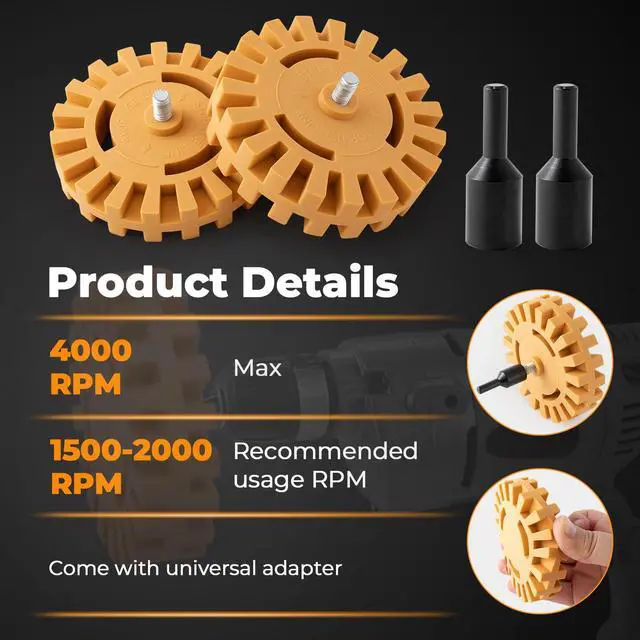 Alt view image 2 of 7 - Gomake Decal Remover Eraser Wheel Tool Kit with Drill Adapter Vinyl Decal Adhesive Removal Tool with Razor Blade Scraper for Removing Pinstripes, Stickers (Mix, 2 Pack Slotted)