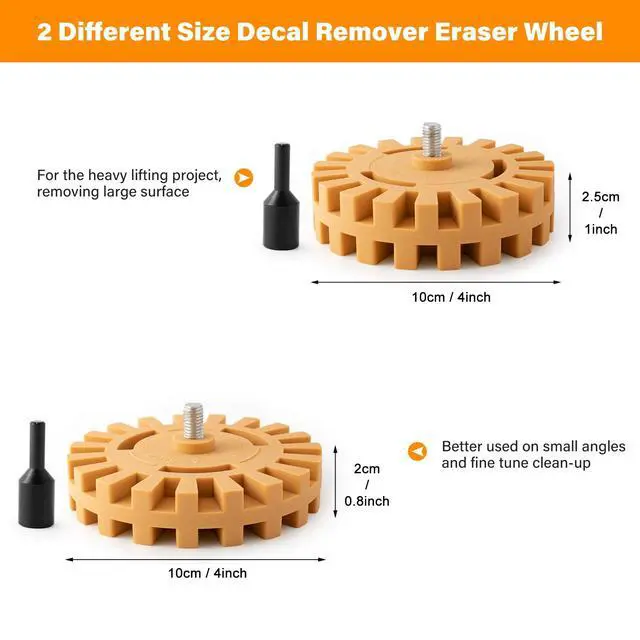 Alt view image 4 of 7 - Gomake Decal Remover Eraser Wheel Tool Kit with Drill Adapter Vinyl Decal Adhesive Removal Tool with Razor Blade Scraper for Removing Pinstripes, Stickers (Mix, 2 Pack Slotted)