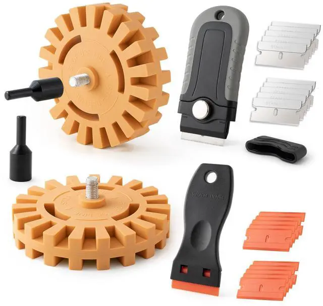 Main image of Gomake Decal Remover Eraser Wheel Tool Kit with Drill Adapter Vinyl Decal Adhesive Removal Tool with Razor Blade Scraper for Removing Pinstripes, Stickers (Mix, 2 Pack Slotted)