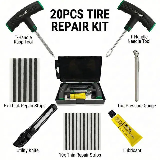 Alt view image 8 of 12 - 20PCS Tire Repair Kit Flat Tire Plug Kit includes Ergonomic T-Handle Tools with Rubber Covered Grip, 2 Sizes Tire Repair strips, Knife, Tire Pressure Gauge & Lubricant Car, SUV, Motorcycle, ATV