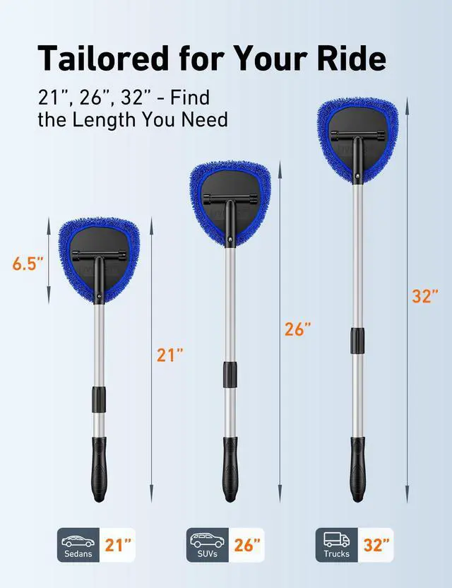 Alt view image 9 of 14 - 21" Extra-Long Windshield Cleaner Tool, Car Interior Detailing Cleaning Kit with Extendable Handle and 4 Upgraded Reusable Microfiber Pads, Auto Glass Wiper Brush Kit for Cars, Blue