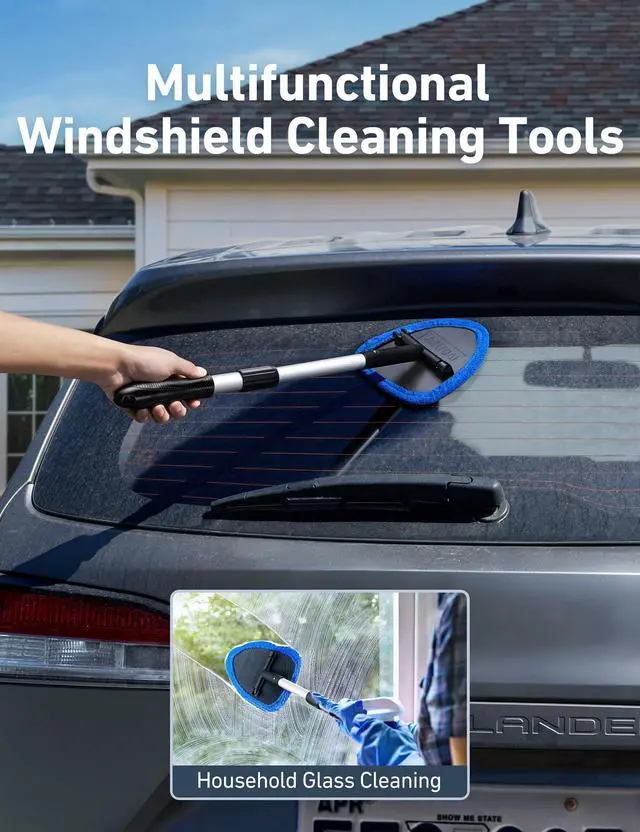 Alt view image 12 of 14 - 21" Extra-Long Windshield Cleaner Tool, Car Interior Detailing Cleaning Kit with Extendable Handle and 4 Upgraded Reusable Microfiber Pads, Auto Glass Wiper Brush Kit for Cars, Blue