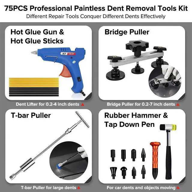 Alt view image 13 of 14 - PDR 75pcs Car Body Paintless Pops a Dent Repair Tool Auto Hail Dent Removal Kits