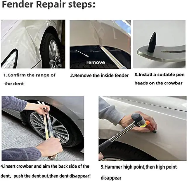Alt view image 13 of 13 - Car Auto Car Dent Removal Fender Damage Repair Puller Lifter Big Curved Rod Crowbar Tools Hook Rods Kit