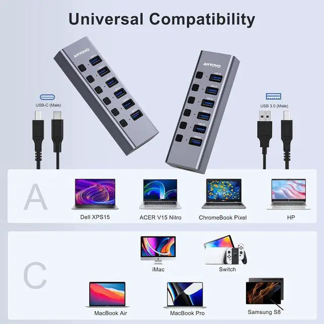 Alt view image 14 of 14 - Powered USB Hub with TF/SD Card Reader, 8-Port USB 3.0 Hub with 6 USB 3.0 Data Ports, USB Spilter with Individual On/Off SwitchesAluminum USB Hub with AC Adapter for PC, Desktop, MacBook