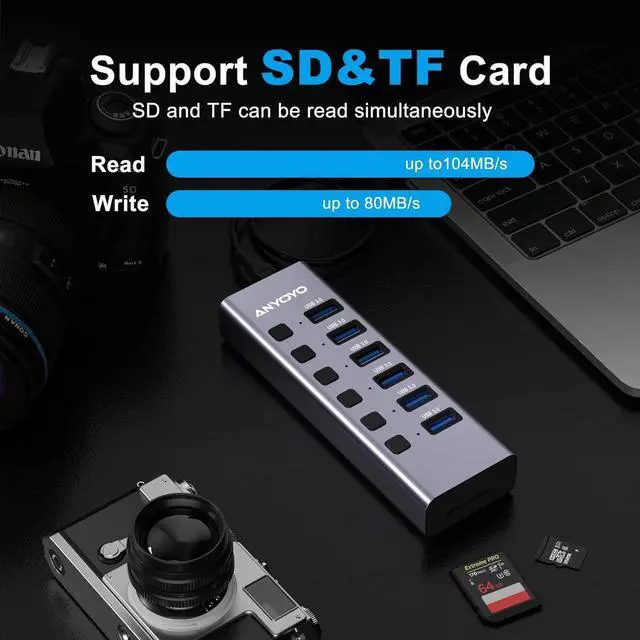 Alt view image 10 of 14 - Powered USB Hub with TF/SD Card Reader, 8-Port USB 3.0 Hub with 6 USB 3.0 Data Ports, USB Spilter with Individual On/Off SwitchesAluminum USB Hub with AC Adapter for PC, Desktop, MacBook