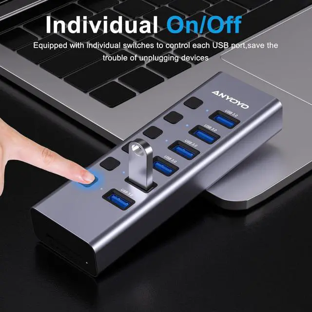 Alt view image 11 of 14 - Powered USB Hub with TF/SD Card Reader, 8-Port USB 3.0 Hub with 6 USB 3.0 Data Ports, USB Spilter with Individual On/Off SwitchesAluminum USB Hub with AC Adapter for PC, Desktop, MacBook