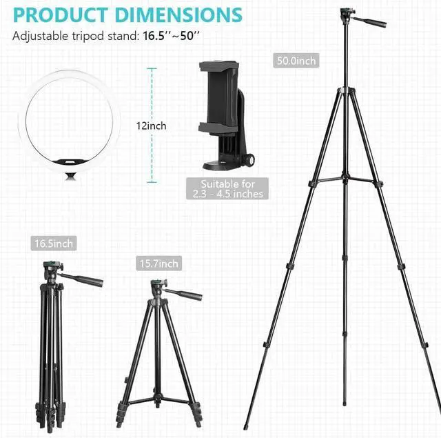 Alt view image 10 of 10 - Sensyne 12'' Ring Light with 50'' Extendable Tripod Stand, LED Circle Lights with Phone Holder for Live Stream/Makeup/YouTube Video/TikTok, Compatible with All Phones