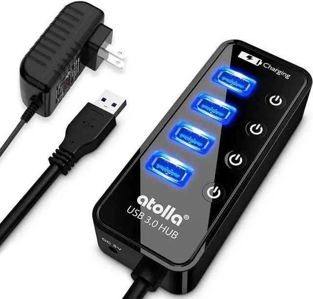 Alt view image 8 of 14 - Atolla 4-Port USB 3.0 Hub with 4 Data Ports, 1 Smart Charging Port, Individual On/Off Switches and 5V/3A Adapter