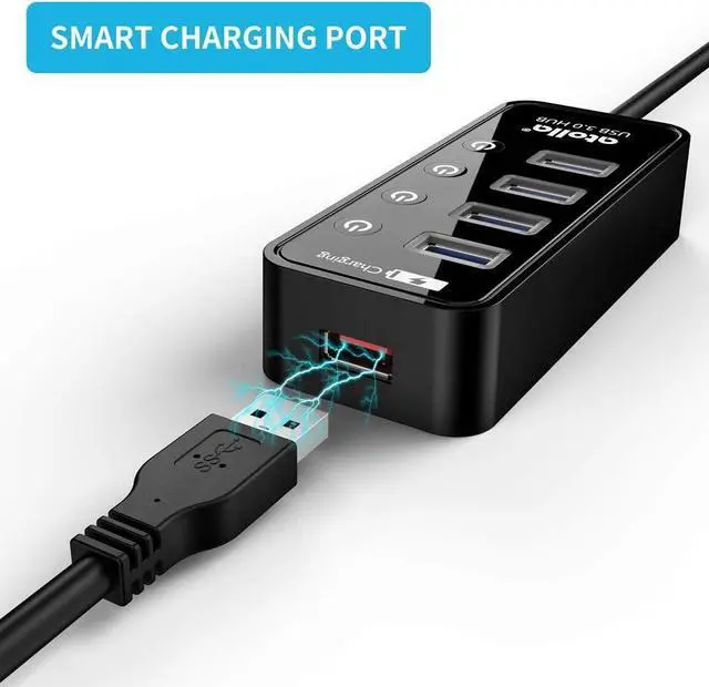 Alt view image 12 of 14 - Atolla 4-Port USB 3.0 Hub with 4 Data Ports, 1 Smart Charging Port, Individual On/Off Switches and 5V/3A Adapter