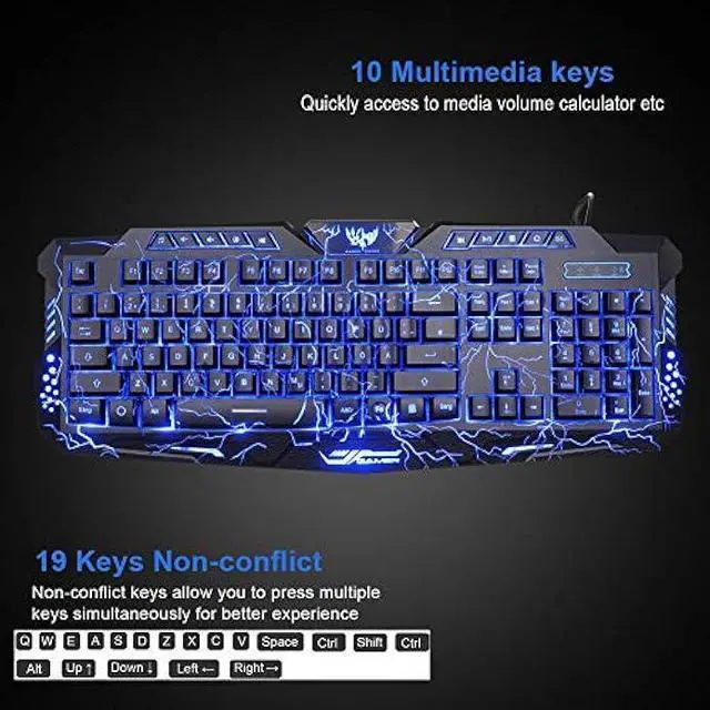 Alt view image 10 of 14 - BlueFinger Gaming Keyboard and Mouse,USB Wired Backlit Gaming Mouse and Keyboard Combo,Letters Glow, 3 Color Crack Backlit,Illumination Keyboard and Mouse Set for Game and Work