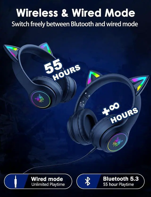 Alt view image 9 of 10 - ONITOON Cat Ear Bluetooth Headphones with Micphone for Kids and Adults, LED Light Up Wireless HI-FI Sound Quality, Over-Ear Headphones with Volume Control for iPhone/iPad/Laptop/PC(55H Play Time)