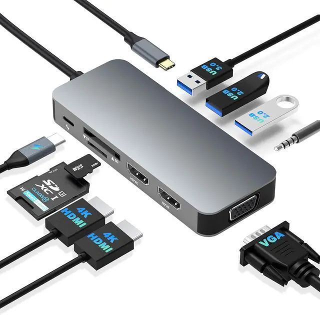 Alt view image 8 of 14 - Docking Station Dual Monitor, USB C to Dual HDMI Adapter, USB C Docking Station Dual Monitor, Dual Monitor Adapter, USB C Hub 10 in 1 Docking Station 3 Monitors with HDMI/VGA/PD/USB/SD/TF/3.5mm Audio