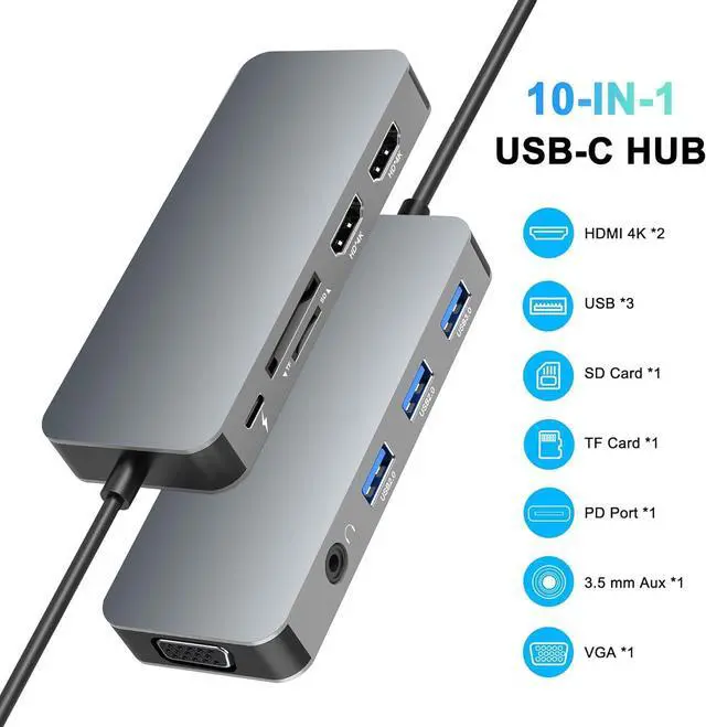 Alt view image 9 of 14 - Docking Station Dual Monitor, USB C to Dual HDMI Adapter, USB C Docking Station Dual Monitor, Dual Monitor Adapter, USB C Hub 10 in 1 Docking Station 3 Monitors with HDMI/VGA/PD/USB/SD/TF/3.5mm Audio