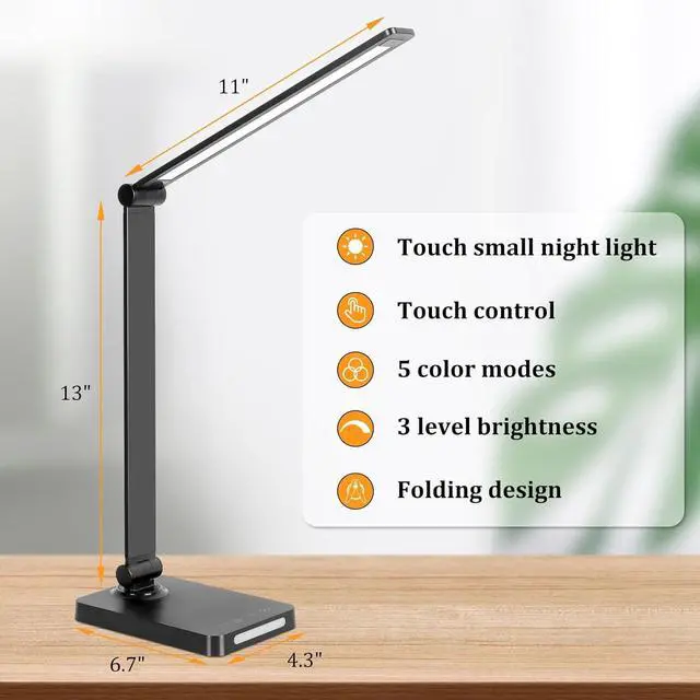Alt view image 8 of 10 - Dott Arts LED Desk Lamp with USB Ports,Touch Desk Lamps for Home Office with 5 Color Modes,3 Brightness Desk Light with Small Night Light,Reading Lamp Table LED Lamp for Bedroom Bedsid Study Black