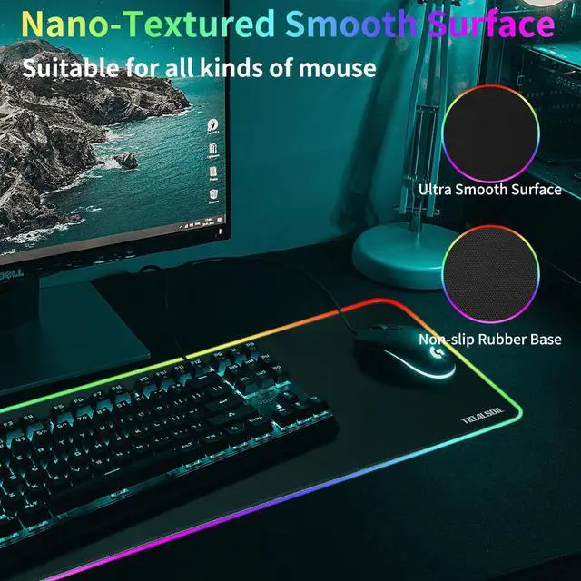 Alt view image 9 of 14 - Generic Brand RGB Gaming Mouse Pad 31.5 x 11.8 Inch Oversized Non-Slip Rubber Base, 12 Light Modes, Large Keyboard Pad for PC Gaming and Office, Single Pack, Black