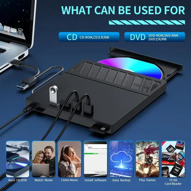 Alt view image 11 of 14 - External CD/DVD Drive for Laptop 7-in-1USB Portable CD/DVD Player Burner, High-Speed External Disk Drive with SD/TF Card Reader, 4 USB 3.0 Ports, Compatible with Windows 11/10, Linux, Mac (7 IN 1)