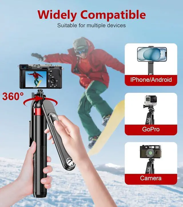 Alt view image 10 of 14 - Huryfox Selfie Stick Phone Tripod - 71 inch Tall Cell Phone Holder with Detachable Wireless Remote, Phone Stand for Recording, Video and Picture, Compatible with iPhone, Android Phone, Camera & Gopro