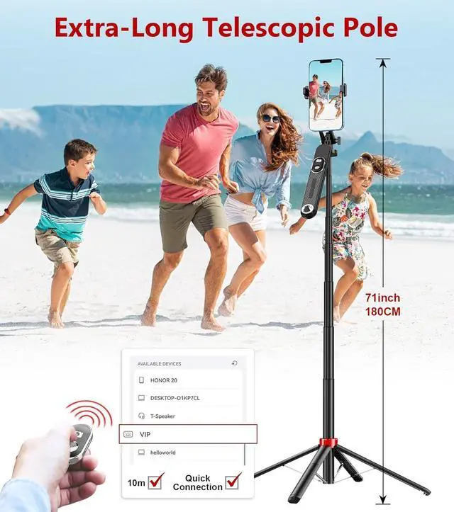 Alt view image 12 of 14 - Huryfox Selfie Stick Phone Tripod - 71 inch Tall Cell Phone Holder with Detachable Wireless Remote, Phone Stand for Recording, Video and Picture, Compatible with iPhone, Android Phone, Camera & Gopro