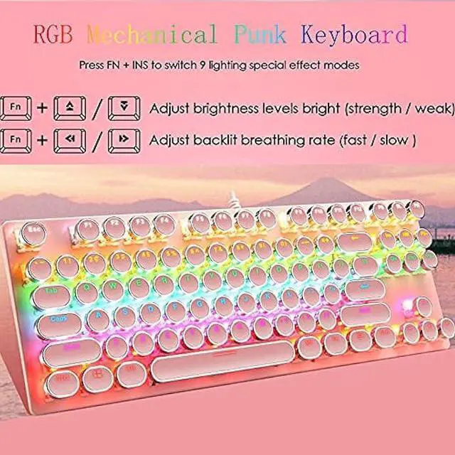 Alt view image 9 of 14 - Ltvystore Mechanical Gaming Pink Keyboard,87 Key Retro Punk Typewriter-Style,Blue Switch RGB Backlit Keyboard,Anti-Ghosting, USB Wired, for PC Laptop Desktop Computer, for Game and Office