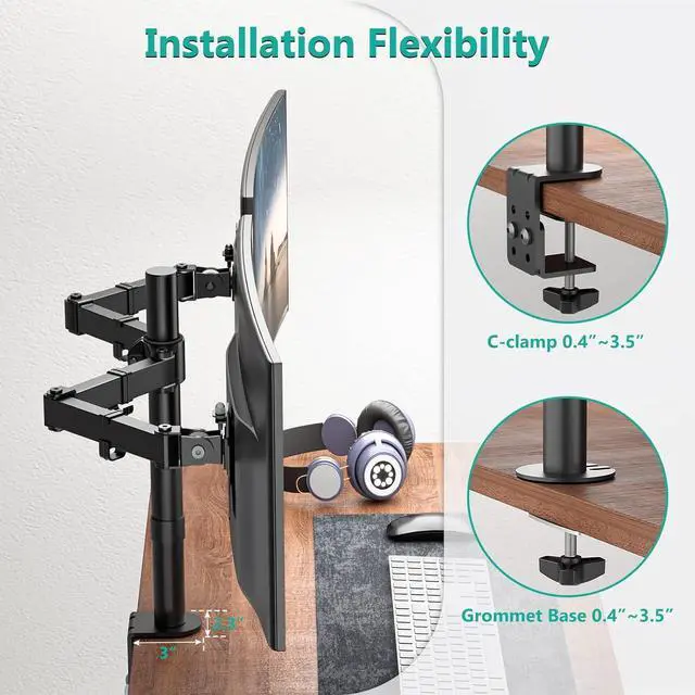 Alt view image 13 of 14 - WALI Dual Monitor Desk Mount, Monitor Stand for 2 Monitors Up to 27inch, Dual Monitor Mount Max 22lbs for Home, Office, School (M002), Black