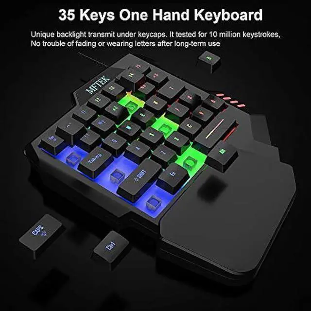 Alt view image 11 of 14 - MFTEK One Hand Gaming Keyboard and Mouse Combo, RGB Rainbow Backlit One-Handed Mechanical Feeling Keyboard with Wrist Rest Support, USB Wired Keyboard Mouse and Mouse Pad Set for PC PS4 Gamer