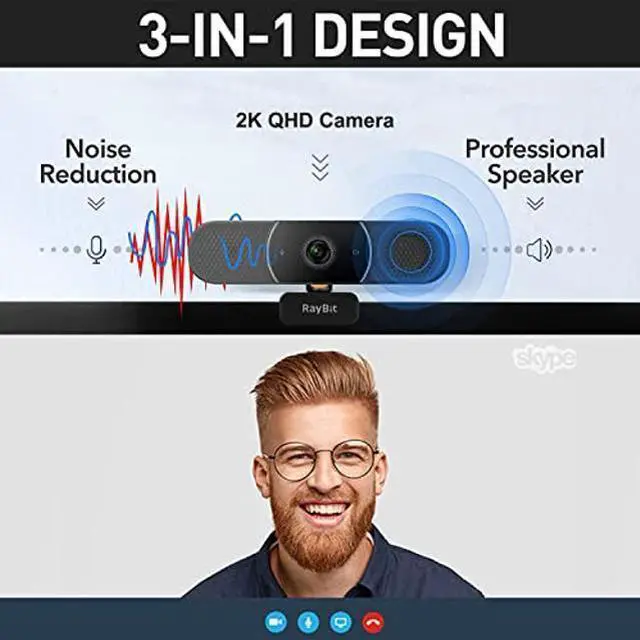 Alt view image 8 of 10 - 3 in 1 Webcam - 2K HD USB C Webcam with Microphone and Speaker, Stereo Sound & Noise-Cancelling Mics, Privacy Cover, Light Correction, Autofocus Conference Web Camera for Computer/Laptop/PC/Monitor