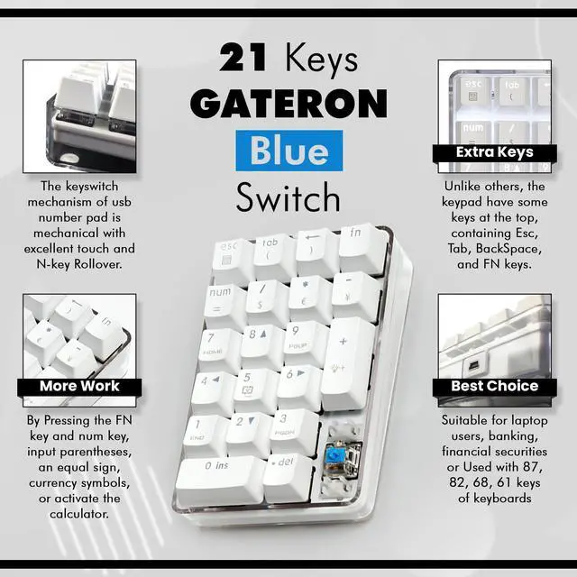 Alt view image 8 of 10 - Qisan Mechanical Numeric Keypad GATERON Blue Switch Wired Crystal Case White Backlit Gaming Keypad 21 Keys Mini Numpad Portable Mechanical Numpad Extended | Laptop Accessories | keypad for Computer