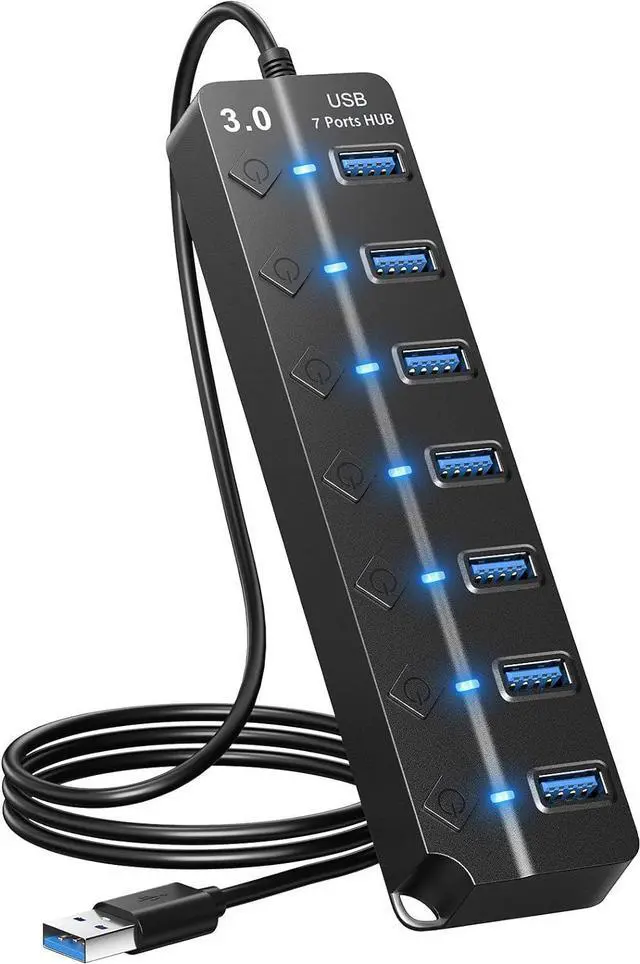 Alt view image 8 of 14 - USB Hub 3.0, 7-Port USB Hub Splitter with Individual On/Off Switches and Lights, 3.2ft/1m Long Cable Compatible with MacBook, Laptop, Surface Pro, PS4, PC, Flash Drive, Mobile HDD