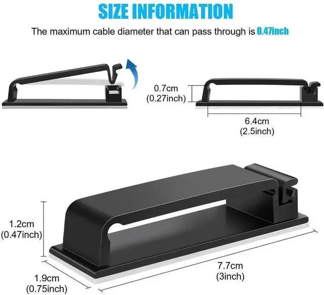 Alt view image 12 of 14 - 80 PCS XL Black Self Adhesive Cable Clips, Wire Cord Organizer Holder for Desk, Car, Wall, TV, PC & Ethernet Cables, Universal for All Electronic Brands