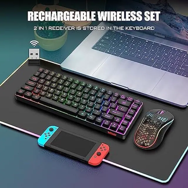 Alt view image 8 of 12 - RedThunder K84 Wireless Keyboard and Mouse Combo, Rainbow LED Backlit Rechargeable Battery, 75% Layout 84 Keys TKL Ultra Compact Gaming Keyboard & Lightweight 7200 DPI Honeycomb Optical Mouse (Black)