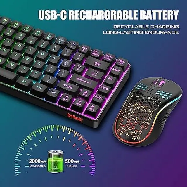 Alt view image 11 of 12 - RedThunder K84 Wireless Keyboard and Mouse Combo, Rainbow LED Backlit Rechargeable Battery, 75% Layout 84 Keys TKL Ultra Compact Gaming Keyboard & Lightweight 7200 DPI Honeycomb Optical Mouse (Black)