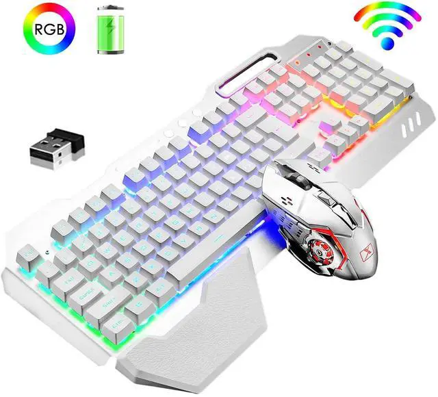 Alt view image 9 of 15 - Wireless Gaming Keyboard and Mouse,Rainbow Backlit Rechargeable Keyboard Mouse with 3800mAh Battery Metal Panel,Removable Hand Rest Mechanical Feel Keyboard and 7 Color Gaming Mute Mouse for PC Gamers