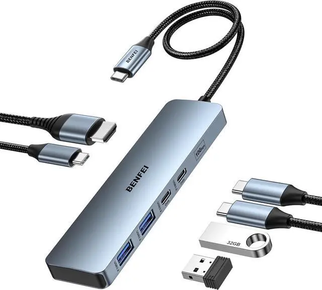 Alt view image 8 of 14 - BENFEI USB C HUB 6-in-1 with HDMI(4K@60Hz), 100W Power Delivery, 10Gbps 2*USB-A and 2*USB-C, Silicone Cable, Aluminum Case Compatible with iPhone 15 Pro/Max, MacBook, iPad Pro, iMac, S23, XPS17