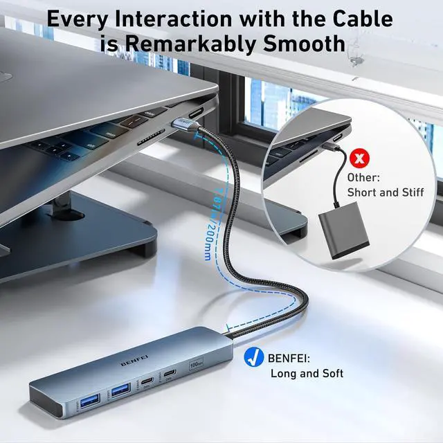 Alt view image 10 of 14 - BENFEI USB C HUB 6-in-1 with HDMI(4K@60Hz), 100W Power Delivery, 10Gbps 2*USB-A and 2*USB-C, Silicone Cable, Aluminum Case Compatible with iPhone 15 Pro/Max, MacBook, iPad Pro, iMac, S23, XPS17