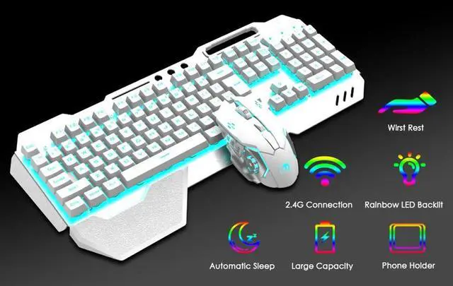 Alt view image 14 of 15 - Wireless Gaming Keyboard and Mouse,Rainbow Backlit Rechargeable Keyboard Mouse with 3800mAh Battery Metal Panel,Removable Hand Rest Mechanical Feel Keyboard and 7 Color Gaming Mute Mouse for PC Gamers
