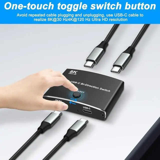 Alt view image 13 of 14 - USB C Type-C Switcher 1 in 2 out/2 in 1 out 8K@60Hz 4K@120Hz Type-C Bi-Directional Switch Selector Support 48Gbps Data Transmission with Type-C Cables for PC Monitor HDTV-1 PCS