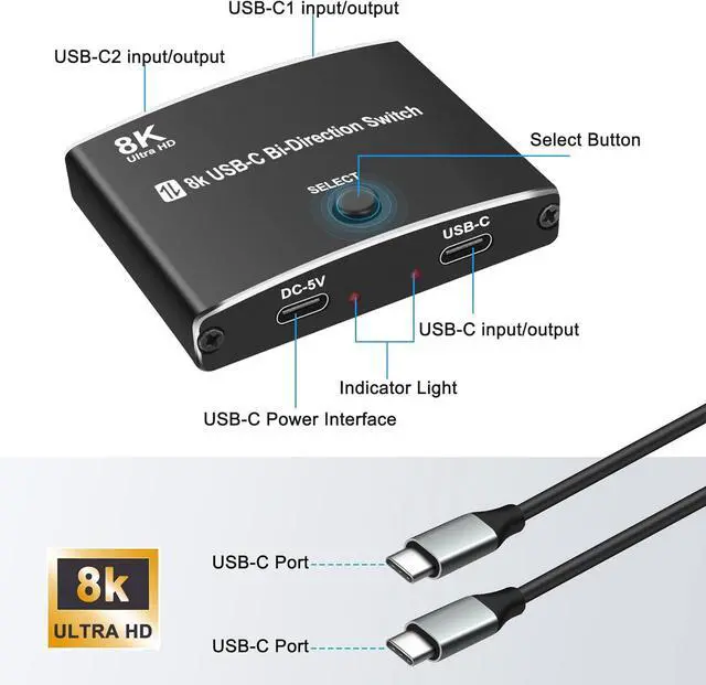Alt view image 11 of 14 - USB C Type-C Switcher 1 in 2 out/2 in 1 out 8K@60Hz 4K@120Hz Type-C Bi-Directional Switch Selector Support 48Gbps Data Transmission with Type-C Cables for PC Monitor HDTV-1 PCS