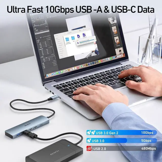 Alt view image 12 of 14 - BENFEI USB C HUB 6-in-1 with HDMI(4K@60Hz), 100W Power Delivery, 10Gbps 2*USB-A and 2*USB-C, Silicone Cable, Aluminum Case Compatible with iPhone 15 Pro/Max, MacBook, iPad Pro, iMac, S23, XPS17