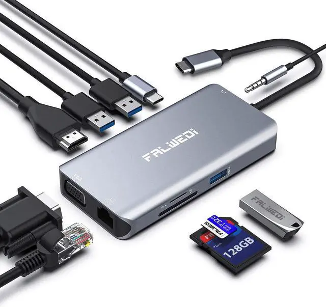 Alt view image 8 of 14 - USB C Hub, Type C Adapter, Falwedi 10-in-1 Dongle with Ethernet, 4K@30Hz HDMI, VGA, 3 USB3.0, SD/TF Card Reader, Audio, USB-C PD 3.0, Compatible for MacBook Air Pro and Other Type C Laptops